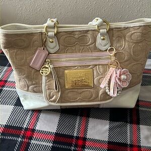 Coach Poppy Signature Natural Straw quilted  Gold/ White/ Pink Leather Tote EUC